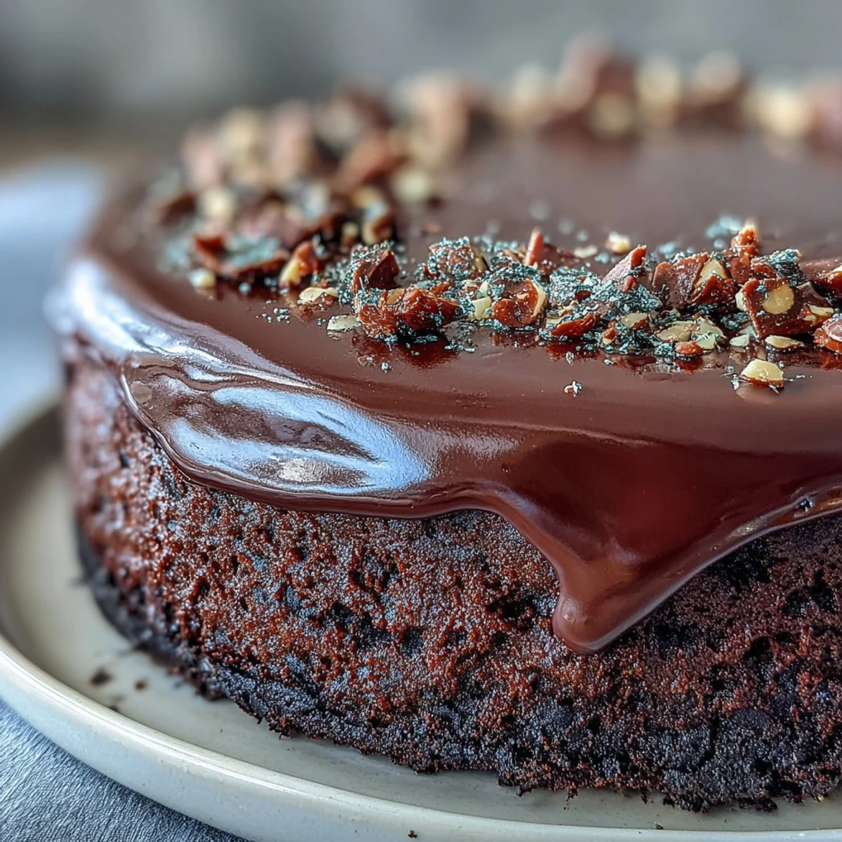 Moist slices of Chocolate Celebration Cake with glossy ganache and crunchy hazelnut praline topping for a festive dessert. 
