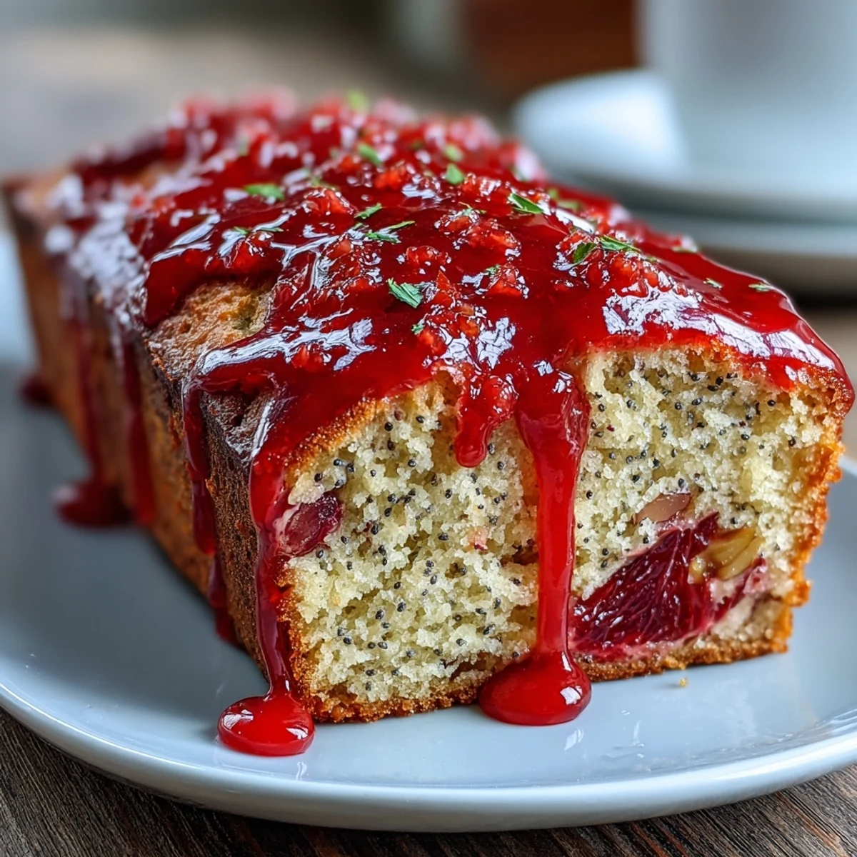 A freshly baked Blood Orange Loaf Cake with Poppy Seeds and Marzipan on a wire cooling rack, drizzled with a glossy blood orange glaze. 