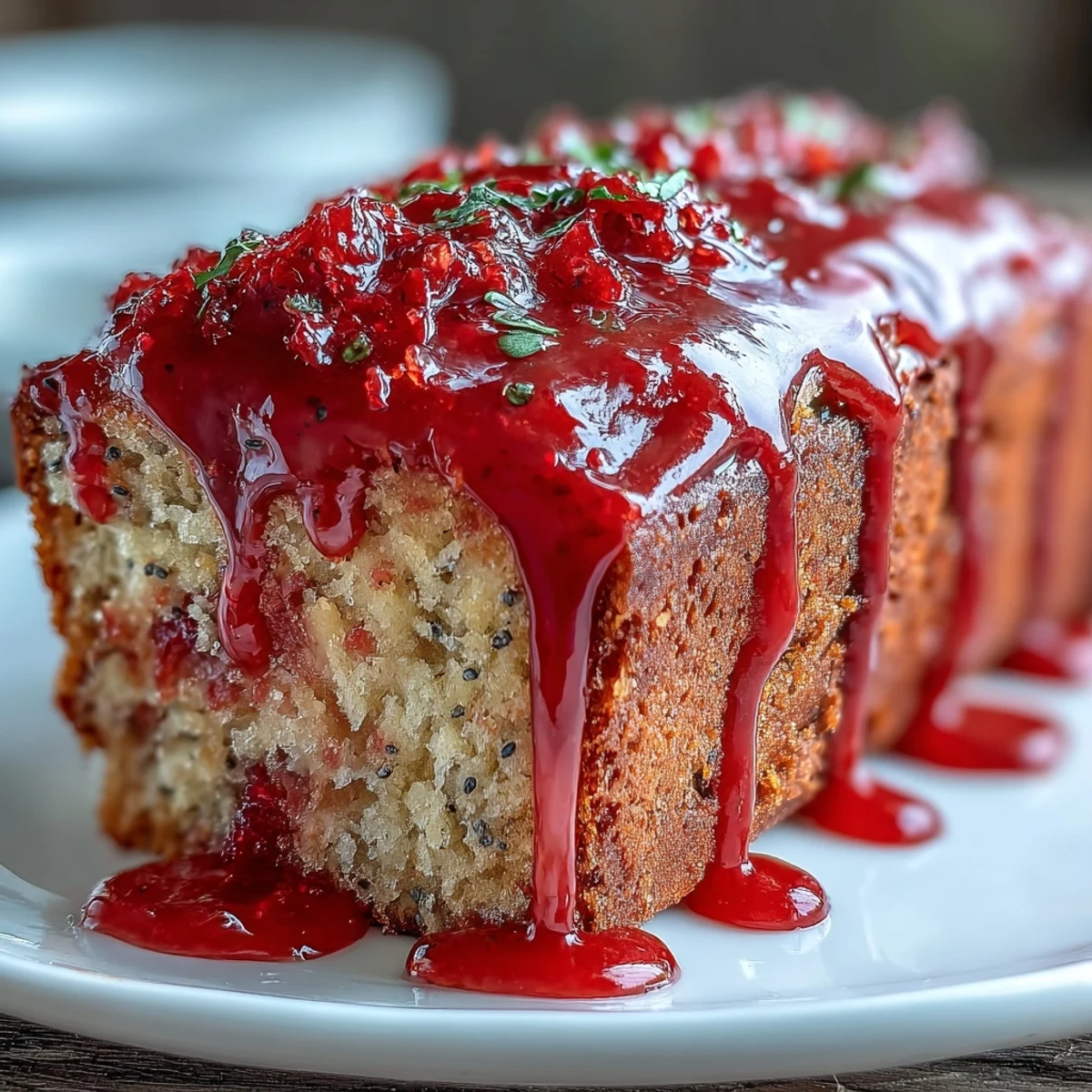A slice of Blood Orange Loaf Cake with Poppy Seeds and Marzipan reveals a moist, ruby-red crumb studded with seeds and almond paste. 