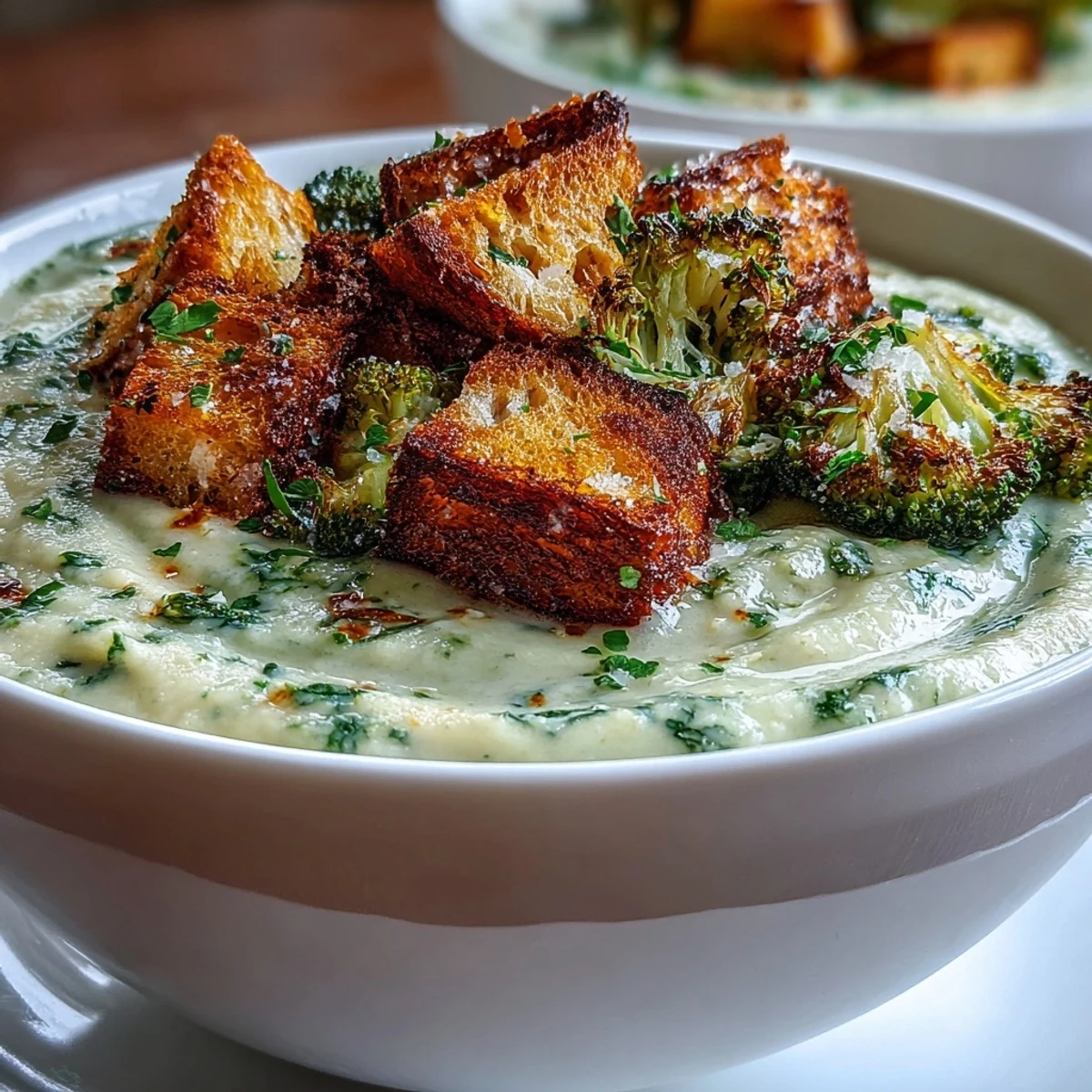 Creamy Cauliflower and Broccoli Soup in a rustic bowl topped with golden homemade croutons.