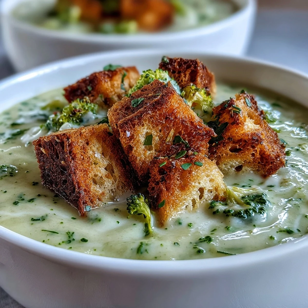 Hearty Cauliflower and Broccoli Soup served with crisp croutons and fresh herbs for garnish.