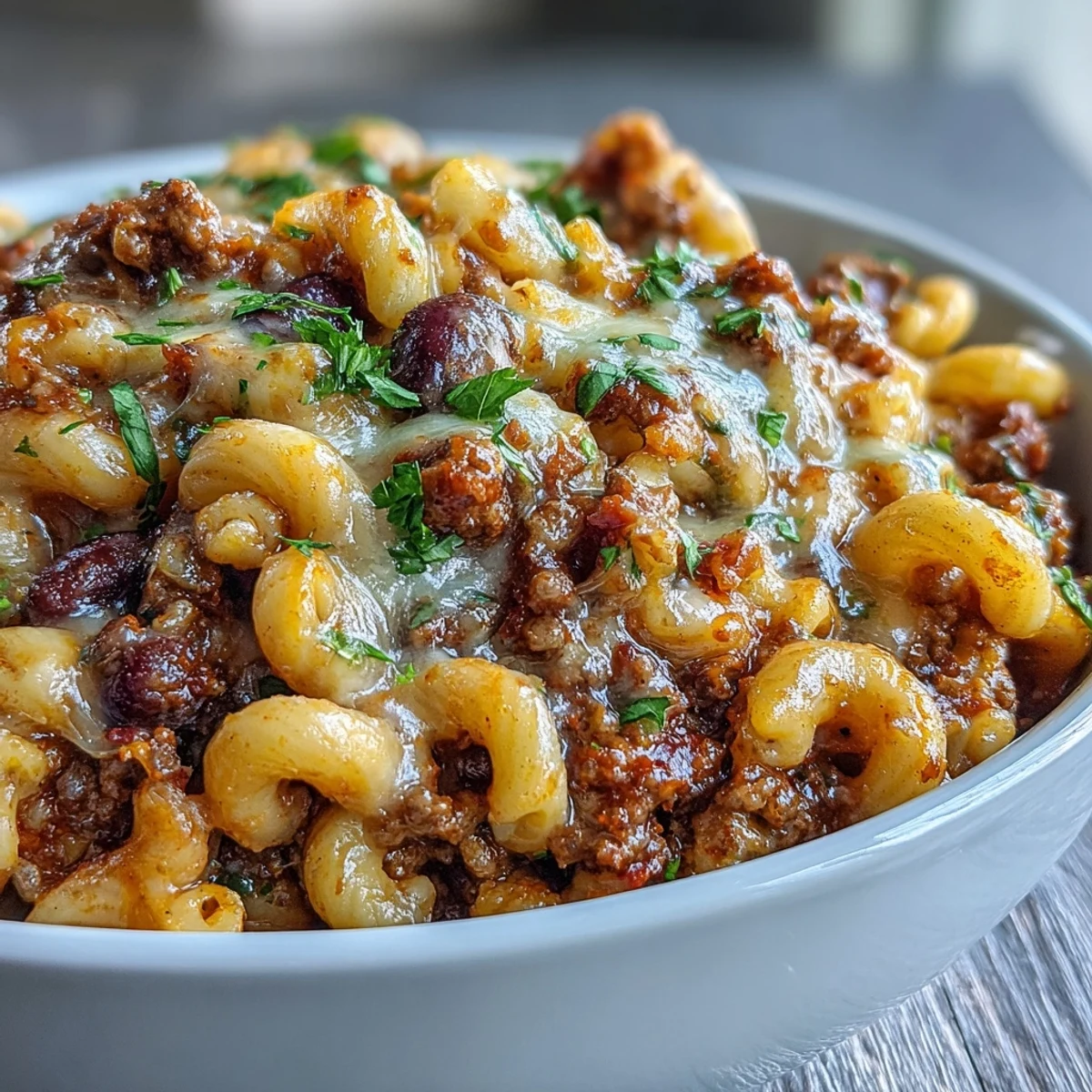 Freshly cooked One-Pan High Protein Chili Mac steams in a skillet, melted cheddar stretching between noodles.