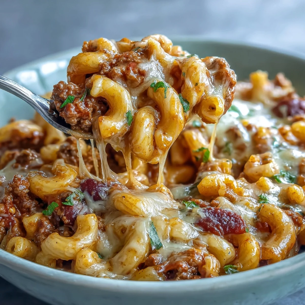 One-Pan High Protein Chili Mac scooped into a white bowl, garnished with cilantro and crushed tortilla chips for crunch.