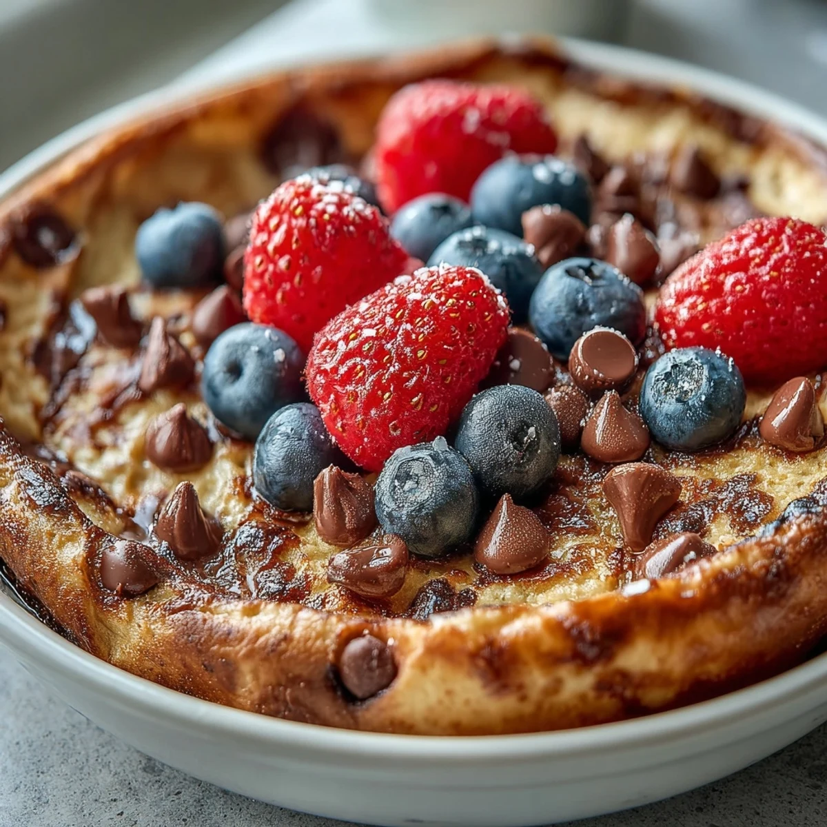 The fluffy, golden interior of a Baked Protein Pancake Bowl is revealed, showing a moist, high-protein center ready for yogurt and nuts.