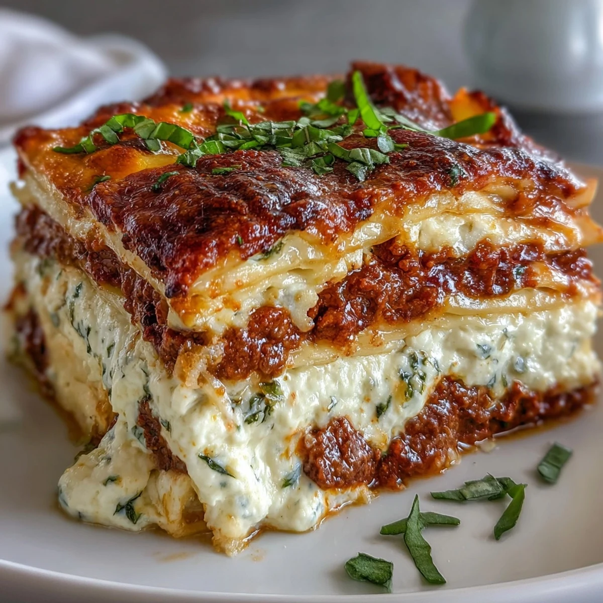 Golden-brown, bubbling cheese tops a deep-dish pan of Worlds Best Lasagna, layered with rich meat sauce and creamy ricotta.