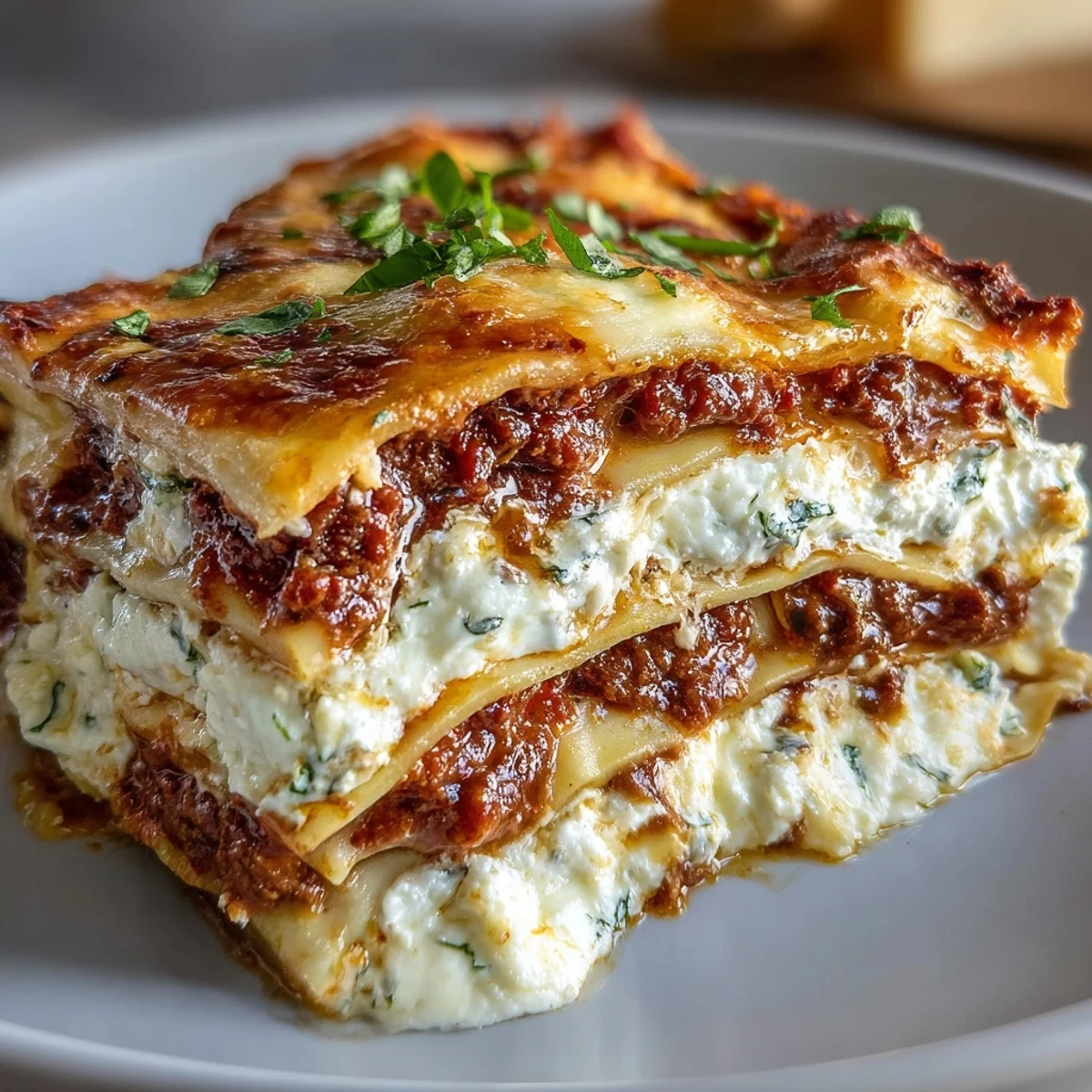 A close-up of Worlds Best Lasagna reveals tender noodles, hearty meat sauce, and melted mozzarella on a rustic table.