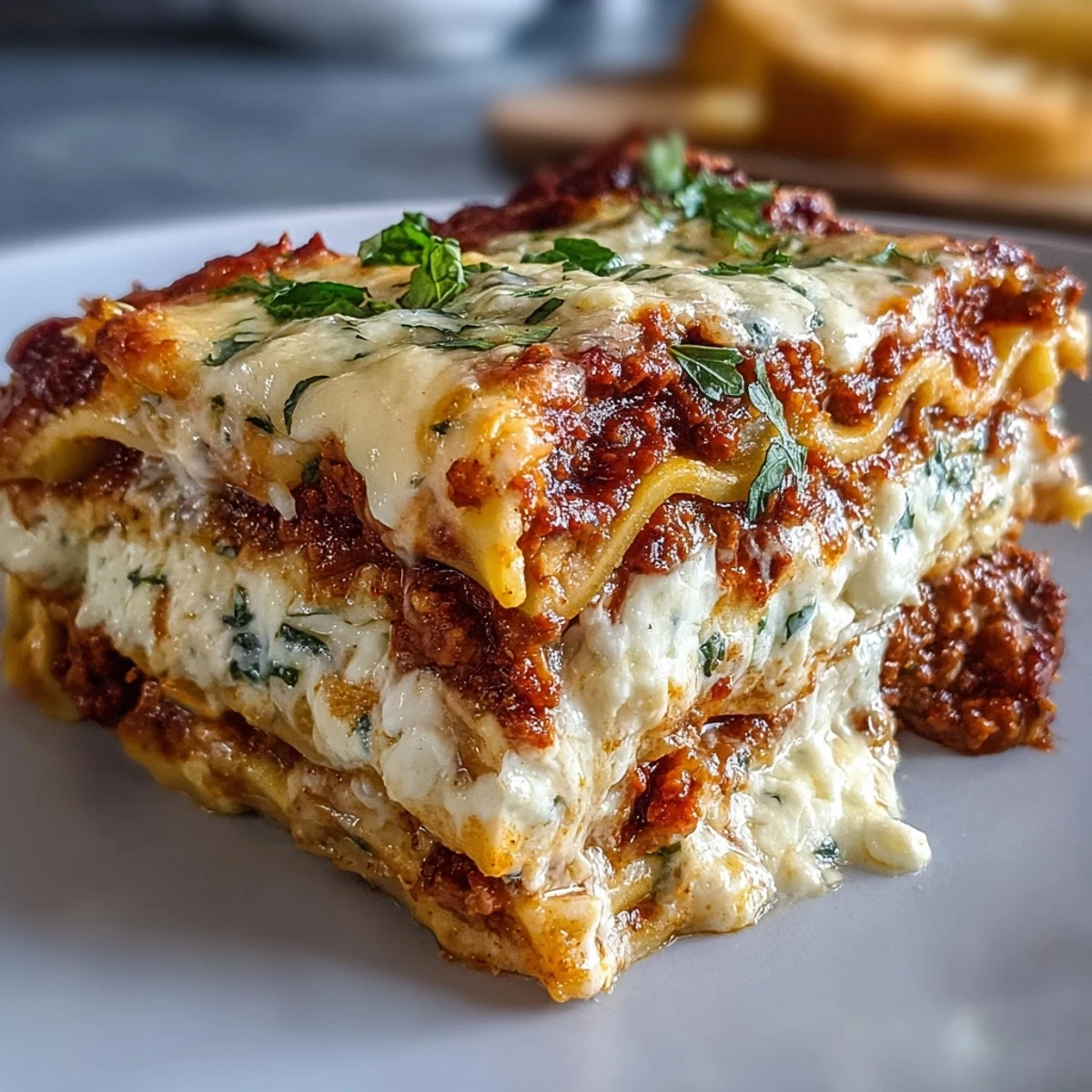 Sliced wedge of Worlds Best Lasagna on a plate, ready to serve with fresh basil and a glass of red wine.