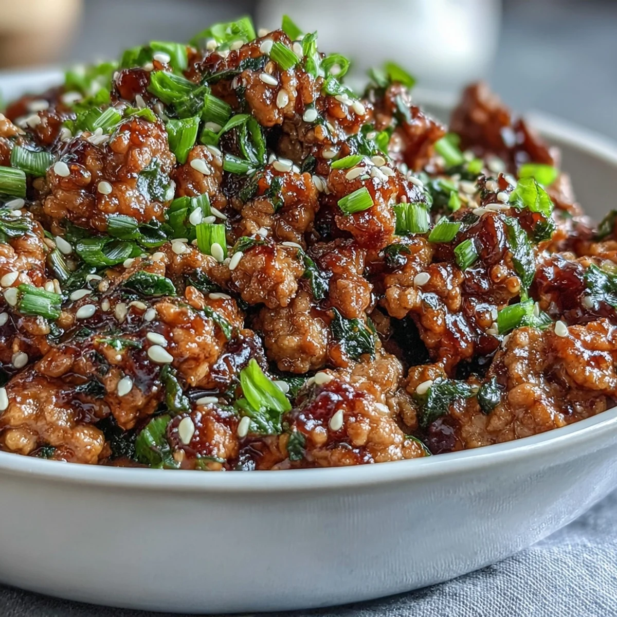 Korean-Style Ground Turkey cooked in a glossy, spicy-sweet sauce with garlic and ginger, served over steamed rice and topped with sesame seeds.