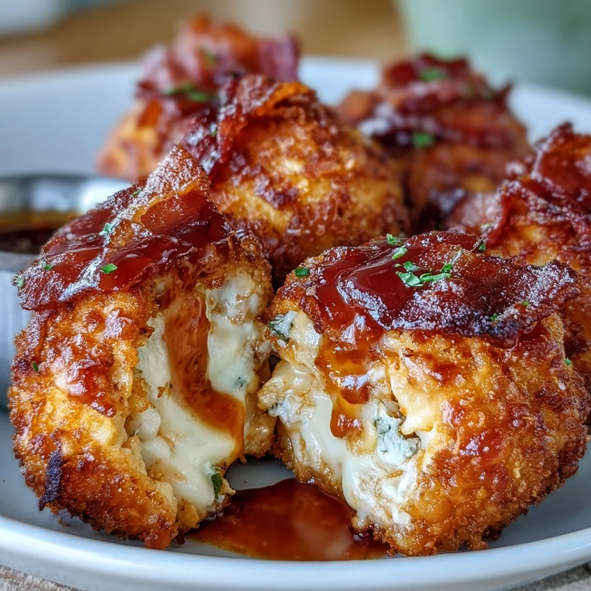 Golden, crunchy Buffalo Chicken Bacon Mozzarella Bombs on a rustic plate, drizzled with spicy buffalo sauce and served with creamy dip.