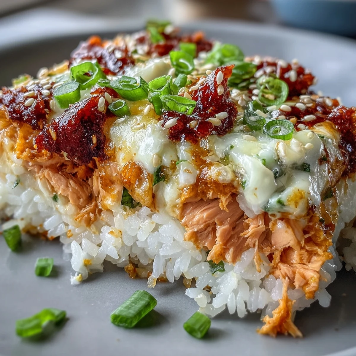 Golden-brown, bubbly Spicy Salmon Sushi Bake fresh from the oven with melted cheese.