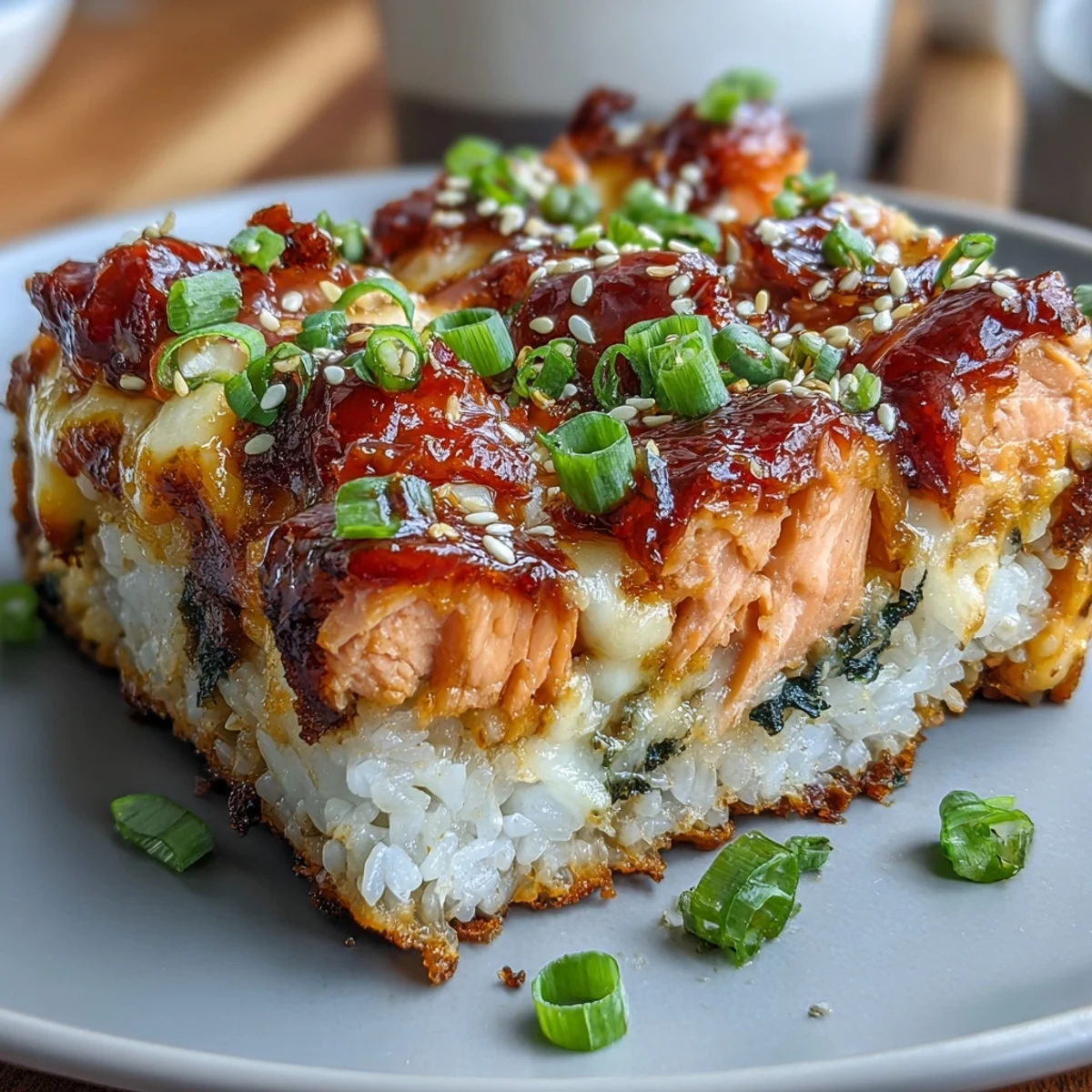 Plated serving of Spicy Salmon Sushi Bake with avocado slices and seaweed snacks.