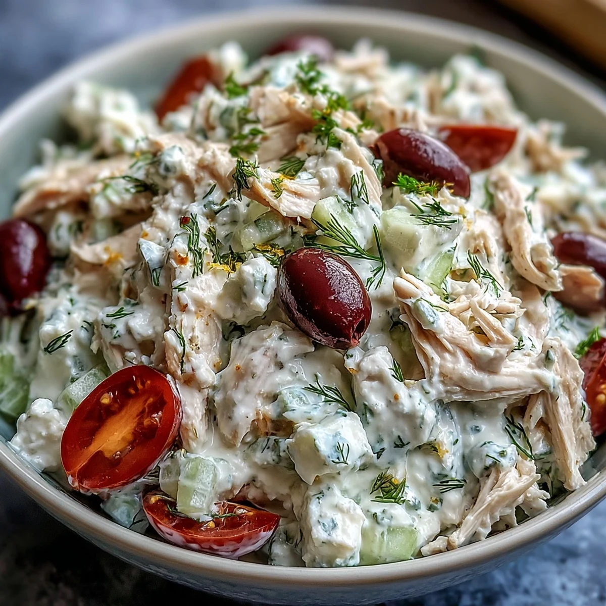Chilled Tzatziki Chicken Salad served in crisp lettuce cups, garnished with diced avocado and red onion for a refreshing lunch.