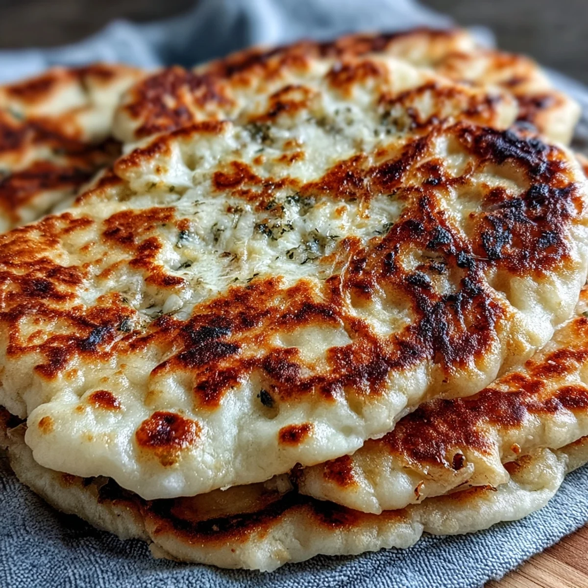 Freshly baked The Best Easy Garlic Naan Bread with golden bubbles and charred spots, brushed with melted garlic butter.