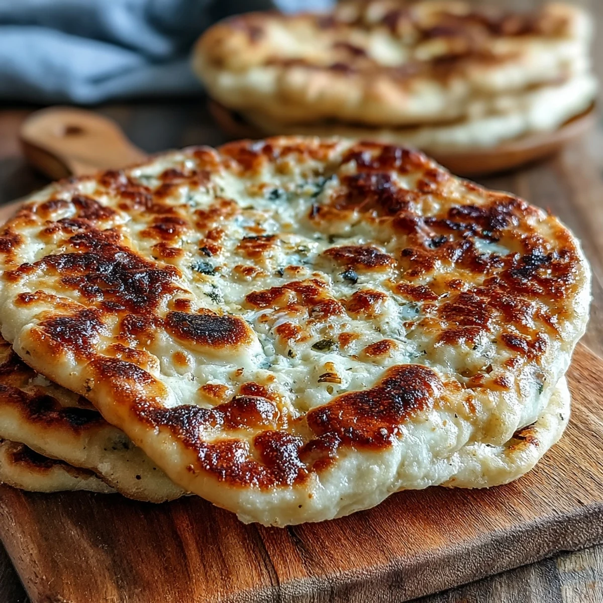 Two pieces of The Best Easy Garlic Naan Bread torn open, revealing fluffy interior and glistening garlic butter topping.