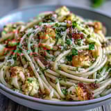 A close-up of steaming Cauliflower, Anchovy and Raisin Spaghetti shows golden-brown florets and chopped parsley garnish.