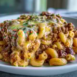 A serving of One-Pan High Protein Chili Mac topped with sour cream and green onions on a rustic table.