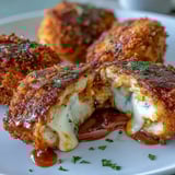 A bite-sized view of Buffalo Chicken Bacon Mozzarella Bombs, revealing gooey mozzarella and smoky bacon inside a crispy panko crust.