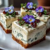 Elegant spring cake with pressed edible flowers and vanilla whipped cream frosting on white stand.