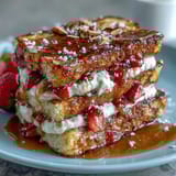 Strawberry French toast bake with fresh berries and golden brioche, topped with almonds and sugar.