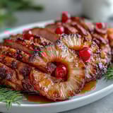 Succulent ham glazed with honey and brown sugar, baked to perfection and adorned with sweet pineapple slices.