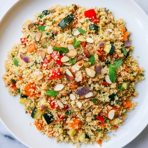 Fluffy Moroccan couscous salad with colorful roasted vegetables and fresh herbs, ready to serve.