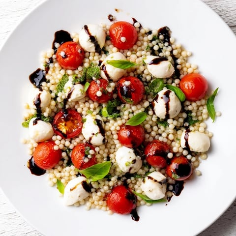 A bowl of vibrant Caprese Couscous Salad with juicy tomatoes and creamy mozzarella pearls on a wooden table.
