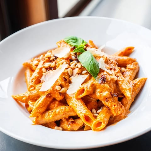 Bright bowl of homemade Sun-Dried Tomato Pesto Pasta with fresh basil and grated Parmesan garnish.