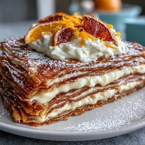 A slice of Blood Orange Curd Crêpe Cake reveals distinct layers of crêpe and orange filling on a white plate.