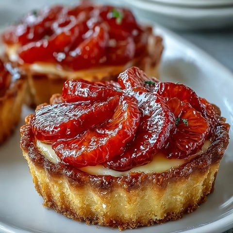 Freshly baked Blood Orange Tarts filled with silky vanilla custard and topped with vibrant, juicy citrus slices, served on a marble board.