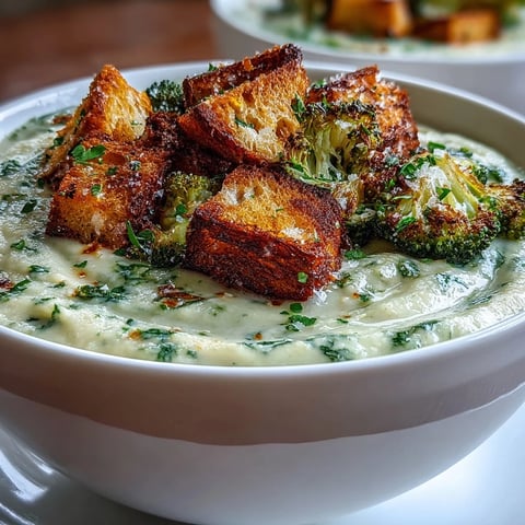 Creamy Cauliflower and Broccoli Soup in a rustic bowl topped with golden homemade croutons.