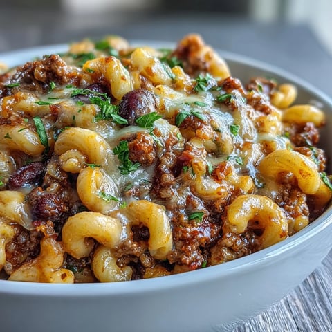 Freshly cooked One-Pan High Protein Chili Mac steams in a skillet, melted cheddar stretching between noodles.