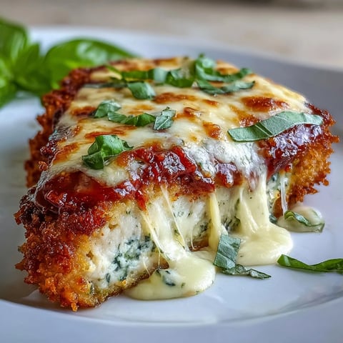 Golden-brown breaded chicken breasts topped with pesto, marinara, and melted mozzarella and Parmesan, served hot over pasta.