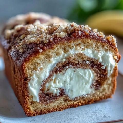 A thick slice of Cream Cheese Cinnamon Swirl Banana Bread reveals a creamy white center and warm brown sugar topping on a rustic plate.