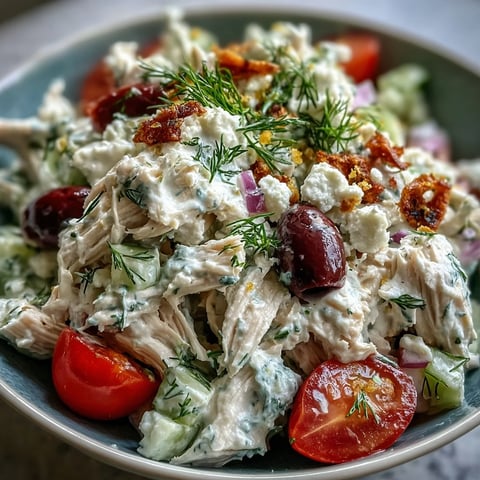 Savory Tzatziki Chicken Salad in a white bowl, featuring creamy sauce with fresh dill, cucumber, and tender shredded chicken.