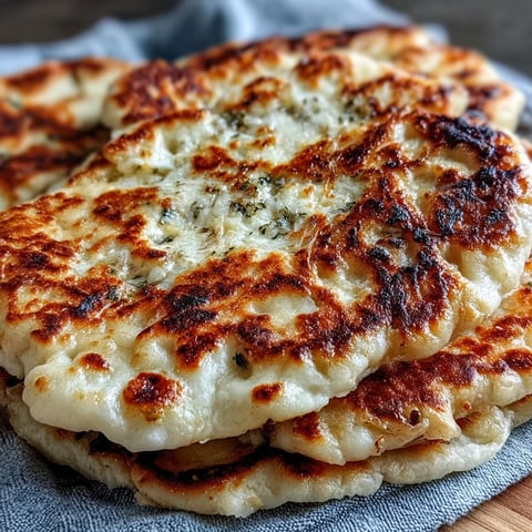 Freshly baked The Best Easy Garlic Naan Bread with golden bubbles and charred spots, brushed with melted garlic butter.
