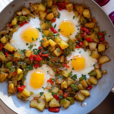 This Simple Skillet Egg and Potato Hash showcases fluffy eggs atop a colorful medley of vegetables.