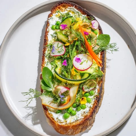 These fresh Fresh Meadow-Inspired Garden Vegetable Tartines offer textures of crisp vegetables and a tangy cheese spread.