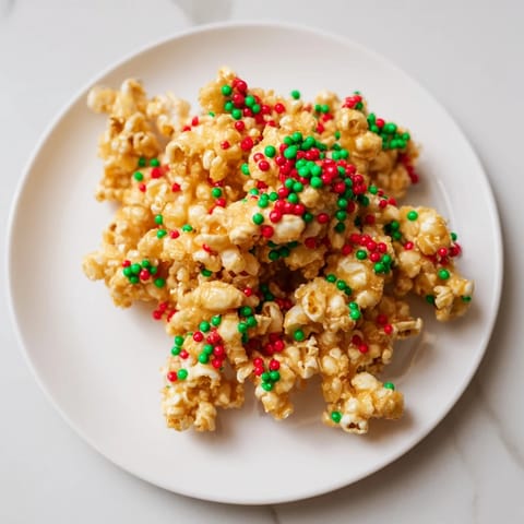 Sweet and crunchy popcorn piles, coated in a sugary glaze, topped with colorful sprinkles for fun.