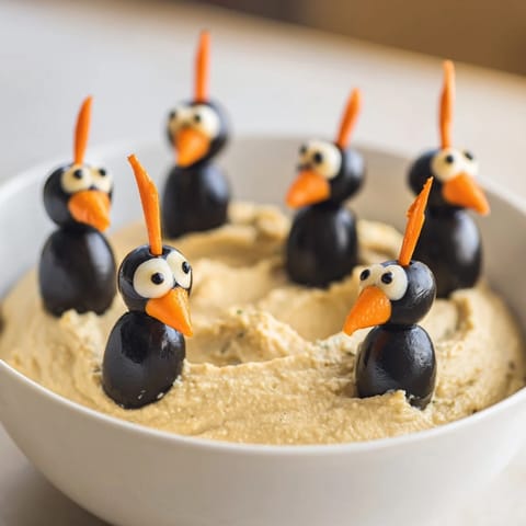 Festive Winter Dip picture: Smooth white bean dip, topped with adorable olive penguins for your appetizer.