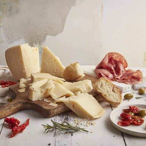 A delicious Rustic Italian Farmhouse Board is ready, with crusty bread and olives alongside the meats and cheeses.