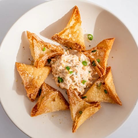 Crispy Air Fryer Lumpia Chips alongside a bowl of savory chicken dip, perfect as a party appetizer.