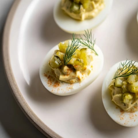 Freshly made Dill Pickle Deviled Eggs, vibrant yellow filling peaking from egg whites, ready to eat.