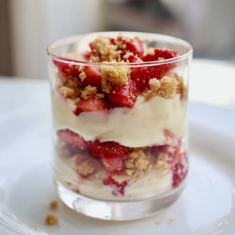 A close-up of a Strawberry Cheesecake Parfait, showcasing layers of strawberries, cookie crumble, and creamy filling.
