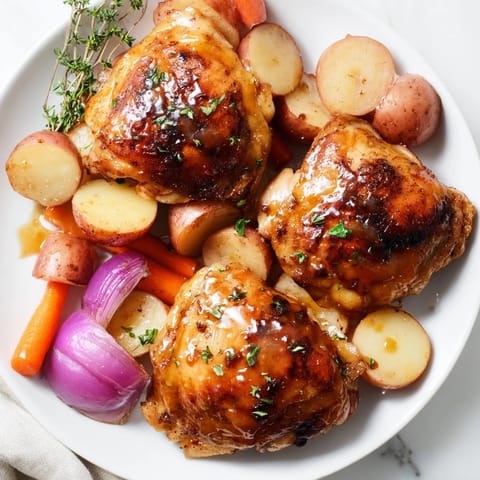Sheet pan Maple Dijon Chicken Thighs sizzling with a sweet-tangy glaze, a weeknight dinner!