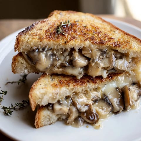 Golden brown creamy mushroom grilled cheese, a comforting sandwich oozing with melted cheese and flavor.