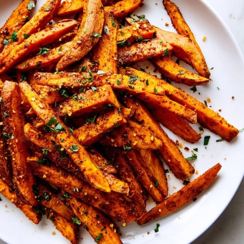 A close-up of air-fried Cajun spiced sweet potato fries seasoned to perfection.