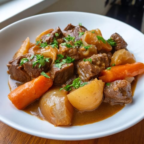 Enjoy a close-up of hearty Irish beef stew, a rich broth enveloping the beef and carrots.