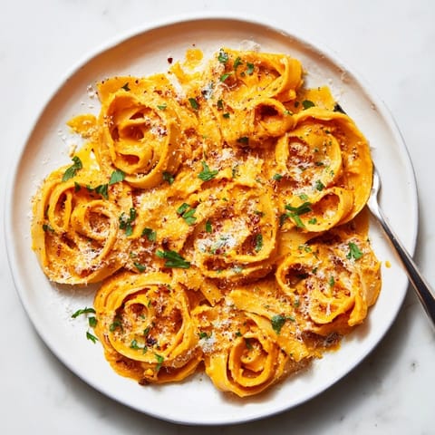 Golden roasted butternut squash pasta served with a rich, creamy sauce and a sprinkle of Parmesan cheese.  
