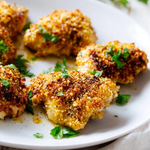 A close-up of Roasted Garlic Parmesan Chicken highlights the melted Parmesan and buttery garlic glaze, served alongside vibrant roasted broccoli and creamy mashed potatoes.  