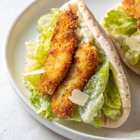 A close-up of herbed chicken Caesar pitas with golden cutlets, creamy dressing, and crisp lettuce peeking from warm pita pockets.